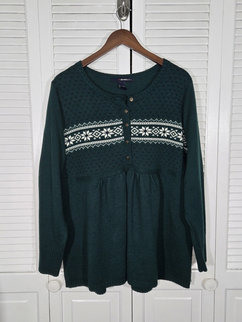 Denim 24/7 Green Fair Isle Yoke Shoulder Henley Tunic Sweater Lightweight 2X